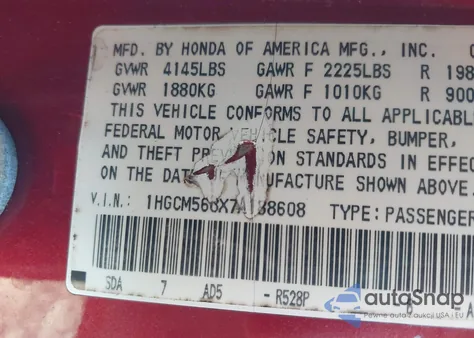 2007 Honda Accord 2.4 Ex из США, поврежденный, VIN 1HGCM568X7A188608